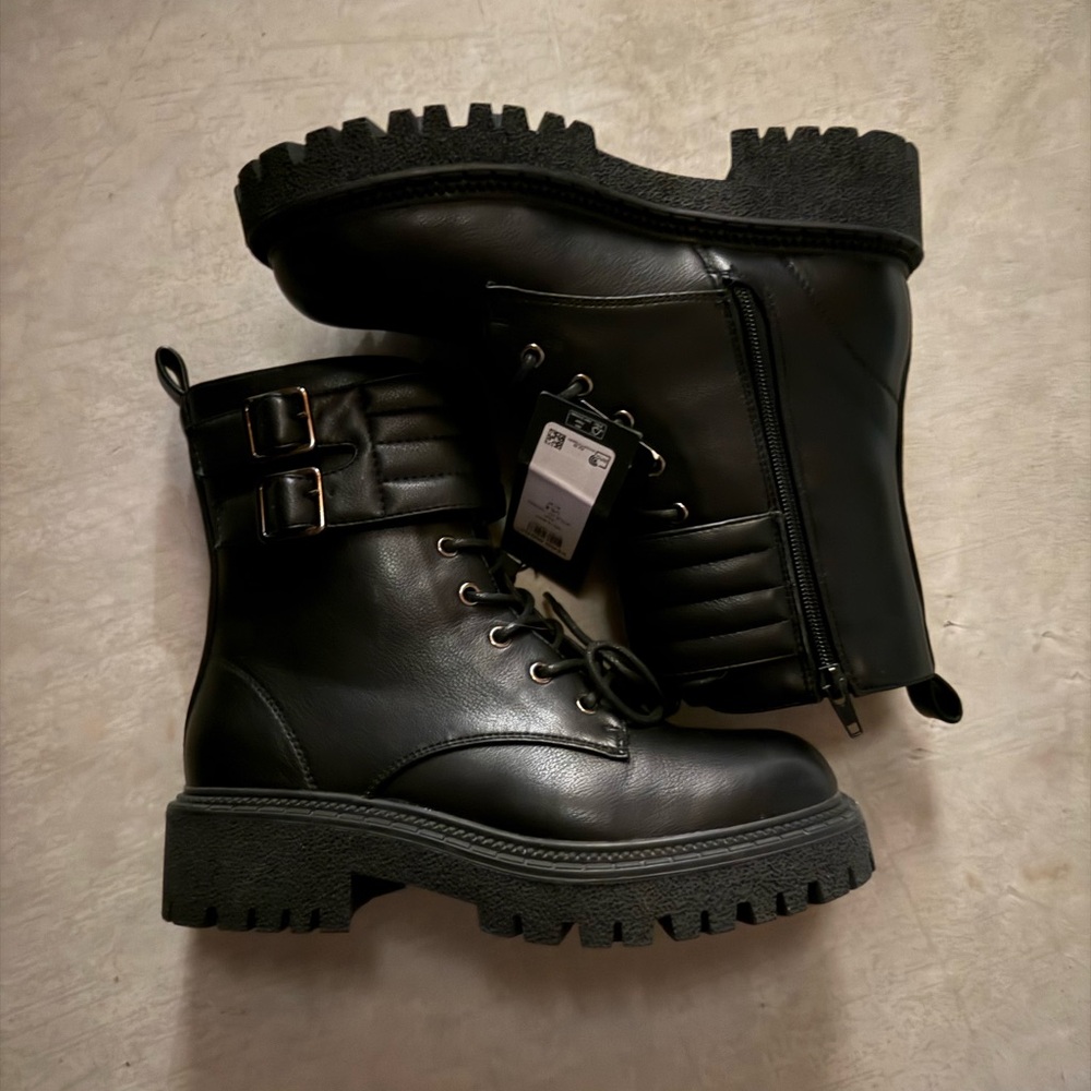 Black Lug Sole Combat Boots with Buckle Detail